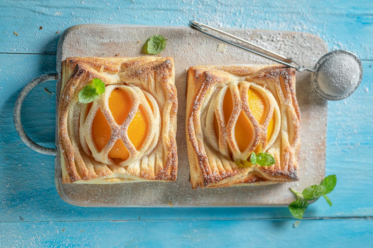 pastry with peaches and mint